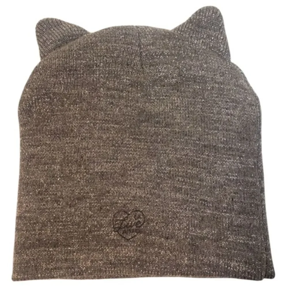 Girls Kitty Cat Beanie Cap Winter Hat with Ears - Justice Gray Sparkly Metallic